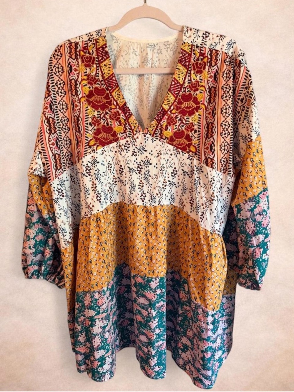 Boho Patchwork Print Tunic Dress I Embroidered V-Neck Mixed Floral | XXL